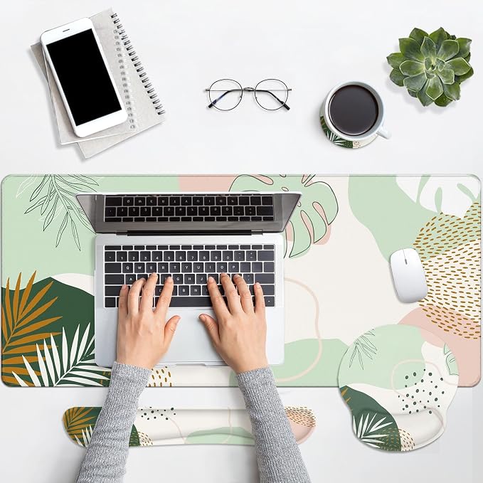Keyboard Mouse Pad Set, 4 in 1 Desk Mat Set, Boho Green | Leaves Large Mousepad+Keyboard Wrist Rest+Mouse Wrist Rest+Coaster Ergonomic Design for Home Office Computer
