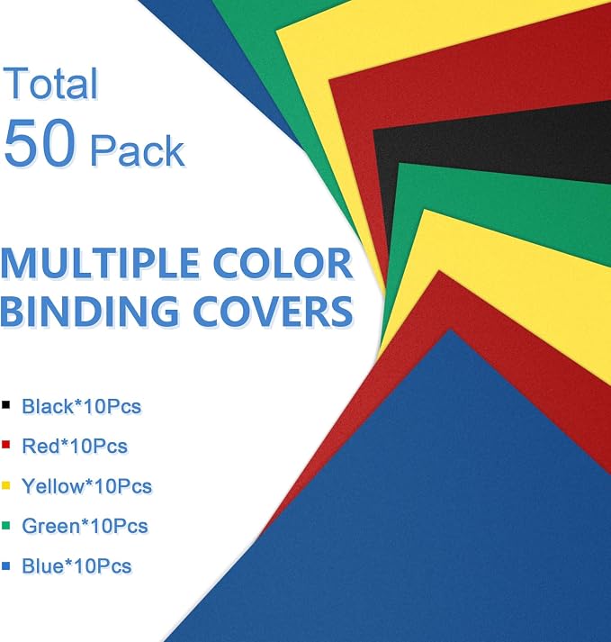 HOUYEE 50 Pack 16 Mil Binding Presentation Covers, Sand-Textured, 5 Colors | Plastic Back Binding Polycovers, 8.5x11 Inch Letter Size, Un-Punched,Office Use (Black,Yellow,Red,Green,Blue)