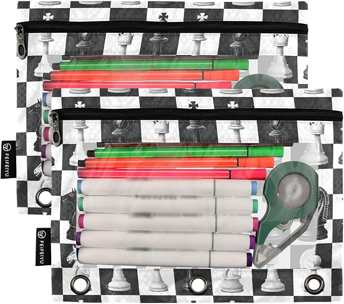 Chess Checkered Plaid Pencil Pouch for 3 Ring Binder, 2 Pack Waterproof Pencil Bags Clear Window Zipper School Office Supplies