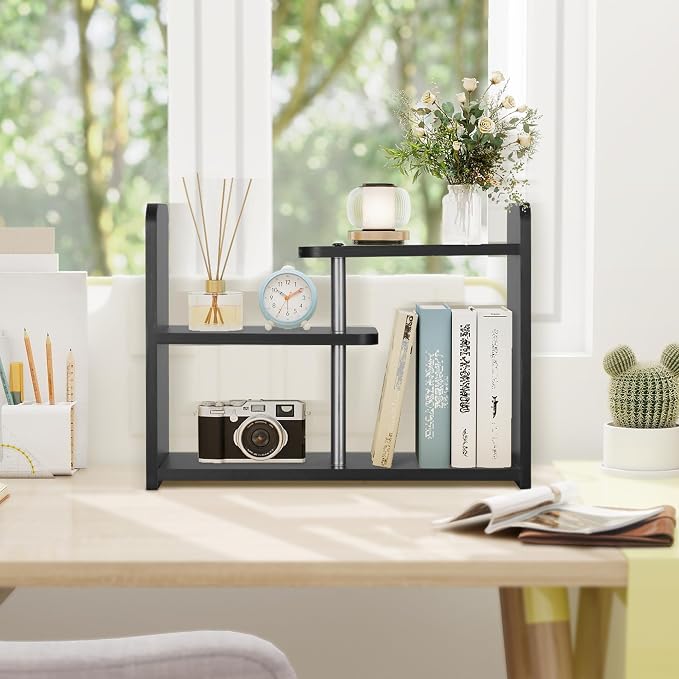 Desktop Organizer,Office Storage Rack,Wood Small Bookshelf,Black | Display Shelf,Office Shelf,Desk Organizer Small Tabletop Hutch for Office,Dorm,Living Room,Counter Top
