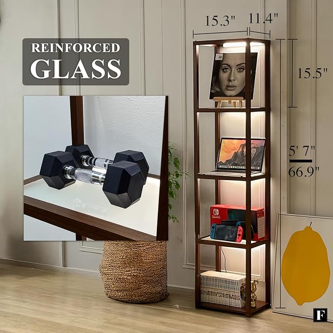 FENLO LED Display Shelf Unit – Dimmable Lighted Furniture for Bedroom, Living Room, or Office – Glass Curio Cabinet Shelf Lamp with App + Remote Control + Adjustable Lighting