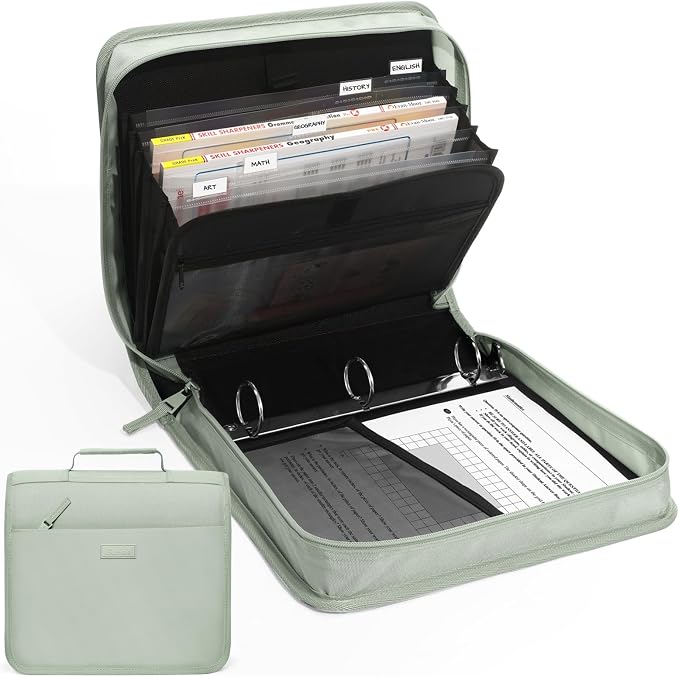 SUNEE Zipper Binder with Handle, 1.5 Inch O-Ring, 325 Pages Capacity, with 5-Tab Expanding File Folder for Classified Storage, Small Size Lightweight Zipper Bag for Middle School Students, Sage Green