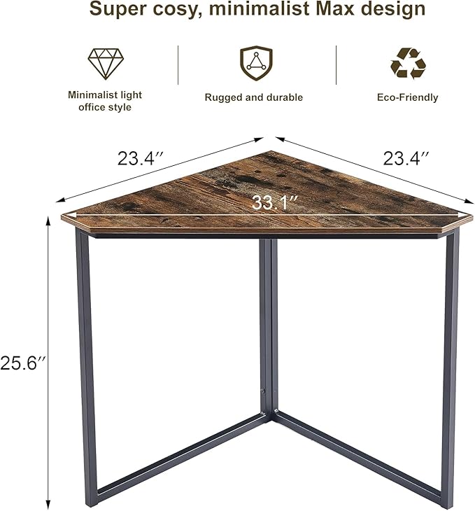 VECELO Corner Desk,Office Tables for Living Room for Small Space Triangle Computer Desk with Steel Frame Corner Shelves with Metal Frame Writing Desk for Workstation Rustic Brown 33.1" 2 Set