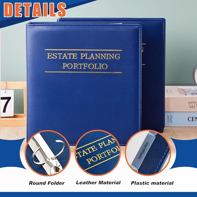 Dunzoom 10 Pcs Estate Planning Portfolio Binder PU Leather 3 Ring Binders with Gold Title and Index Tab Dividers, 11'' x 11.8'' x 2.4'' Estate Planning Organizer (Blue)