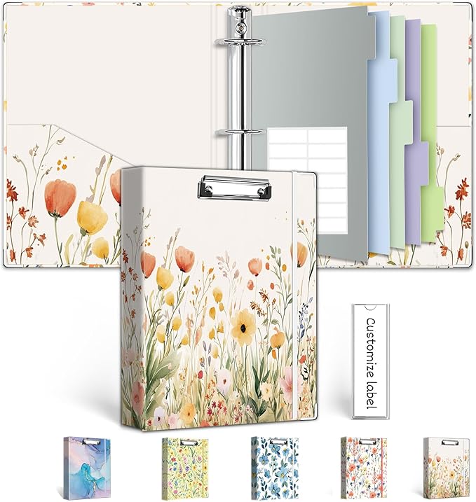 Mini Binder Organizer for 5.5" x 8.5" Paper ，1 Inch 3 Ring Binder with Clipboard, 5-Tabs Pockets Dividers, Plastic Folder, 18 Divider Stikers, Pen Loop (Weed, Half Letter Size)