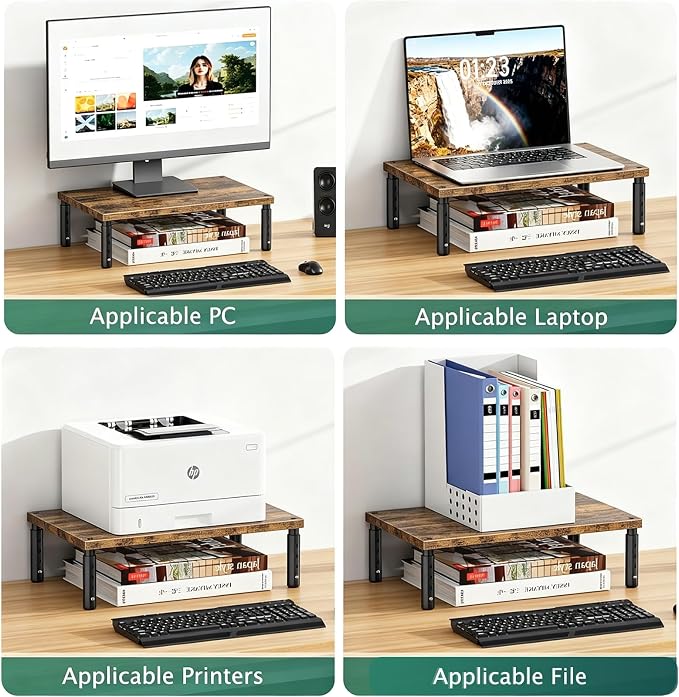 Adjustable Monitor Stand Riser for Desk, Wood Computer & Laptop Stand, Desk Organizers and Accessories, Office Desk Accessories & Workspace Organizer for Home Office Supplies, Brown