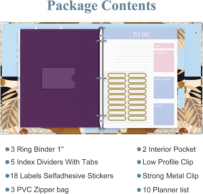3 Ring Binder, 1 Inches Round Ring Binder with Clipboard, Dividers Tabs, PVC Zipper Bag Sleeves & to Do List Planners for Women, Men, School, Office Supplies, Modern Leaves