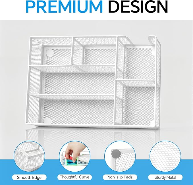 Desk Drawer Organizer, Office Drawer Divider Organizer Tray with 6 Compartments, Metal Mesh Desktop Organization and Accessories for Stationery Makeup Kitchen Toolroom School ＆ Office (Large-White)