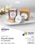 Avery Printable Round Labels with Sure Feed, 2.5" Diameter, Glossy White, 90 Customizable Labels (22830)