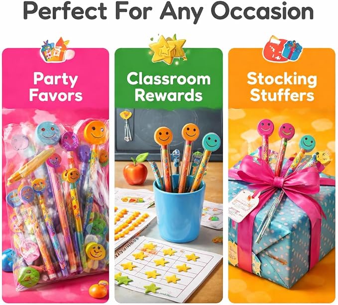 Anderson's Smiley Face Pencils and Erasers Tub, Set of 36, School Supplies, Classroom Supplies, Writing