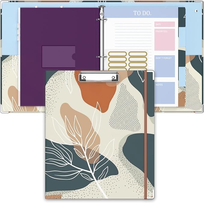 3 Ring Binder, 1 Inches Round Ring Binder with Clipboard, Dividers Tabs, PVC Zipper Bag Sleeves & to Do List Planners for Women, Men, School, Office Supplies, Boho Leaf