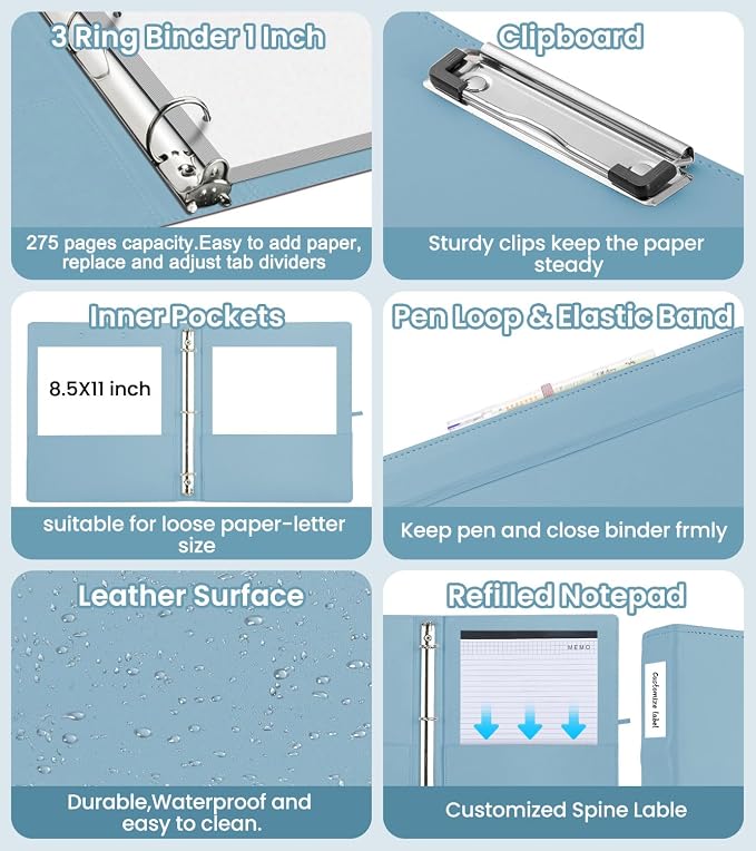 3 Ring Binder with Clipboard,1 Inch Binders with Notepad&5 Dividers with Pockets, Labels,PU Clipboards for School Office(Blue,Letter Size)