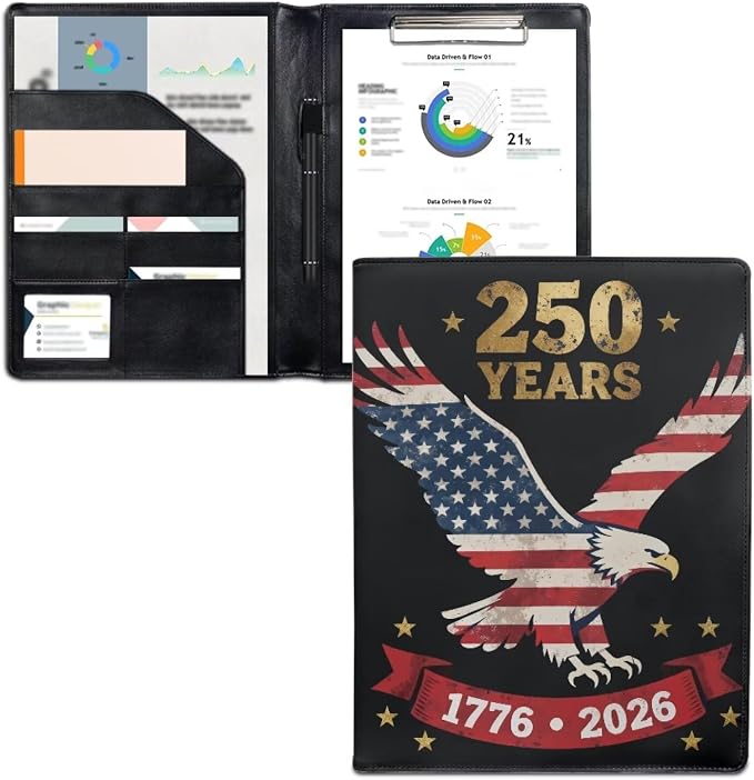 Dreaweet 250 Years Eagle Flag Portfolio Folder for Documents 250th Anniversary Leather Padfolio Binder Organizer Letter Size Notepad Business Card Holder for Women Men