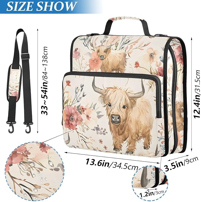 Cute Highland Cows Flowers 3 Ring Binder Bag 1.5 inch Binder Organizer with Zipper Shoulder Strap 500 Sheet Documents Storage for School Office