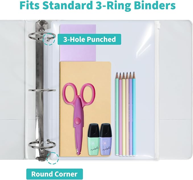 Binditek 10 Pack Zippered Binder Pockets, 3-Hole, Clear, White Zippers | Plastic Binder Pouches, Fits 3 Ring Binders, Waterproof PVC, Zipper Closure, Document Filing and Storage