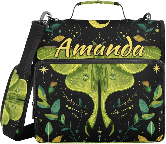 Custom 3 Ring Zipper Binder Mystical Green Moon Moth Boho Personalized Name 1.5 inch Binders Large Capacity Multi Pockets for School Office Supplies