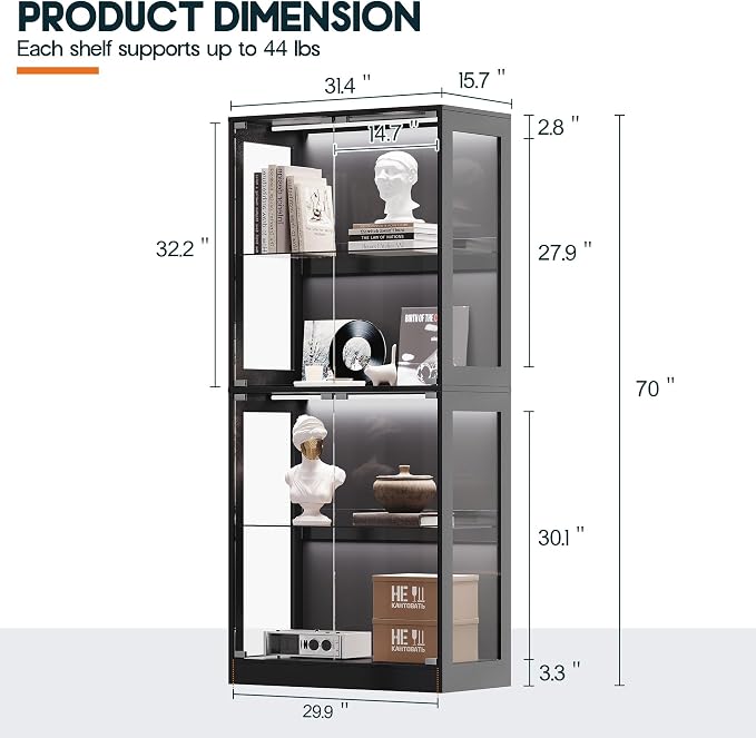 AMERLIFE 32-Inch RGB Display Cabinet with Glass Shelves | 70 H x 32 W x 16 D In, 4-Tier Storage, RGB LED Lights, Press-to-Open Doors, for Collectibles, Black