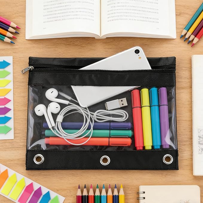 30Pack 3 Ring Binder Pencil Pouch with Zipper Black, Clear Window Pen Holder Case for Office, and Home Organization, Waterproof Oxford Fabric, Fits Standard 3 Ring Binders
