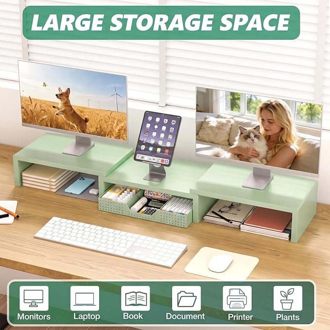 Dual Computer Monitor Stand Riser, Desk Organizer with Drawer, Office Desk Accessories & Workspace Organizers for Home Office Supplies, Green