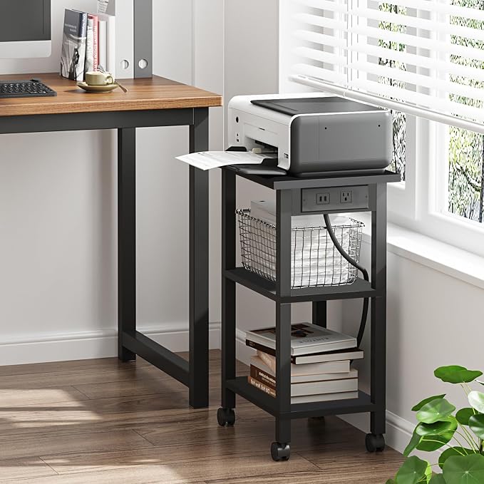 TUTOTAK Printer Stand, 3 Tier Rolling Printer Cart with Charging Station | Small Under Desk Printer Table with Wheels for Small Space, Office, Home, Black PS01BK001