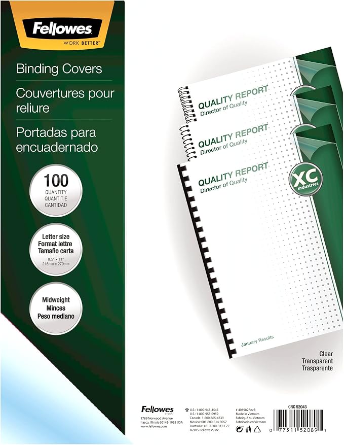 Fellowes 52089 Binding Presentation Covers, 8mil, Letter, 100 Pack, Clear & Plastic Binding Comb 3/8" Black, 100Pack