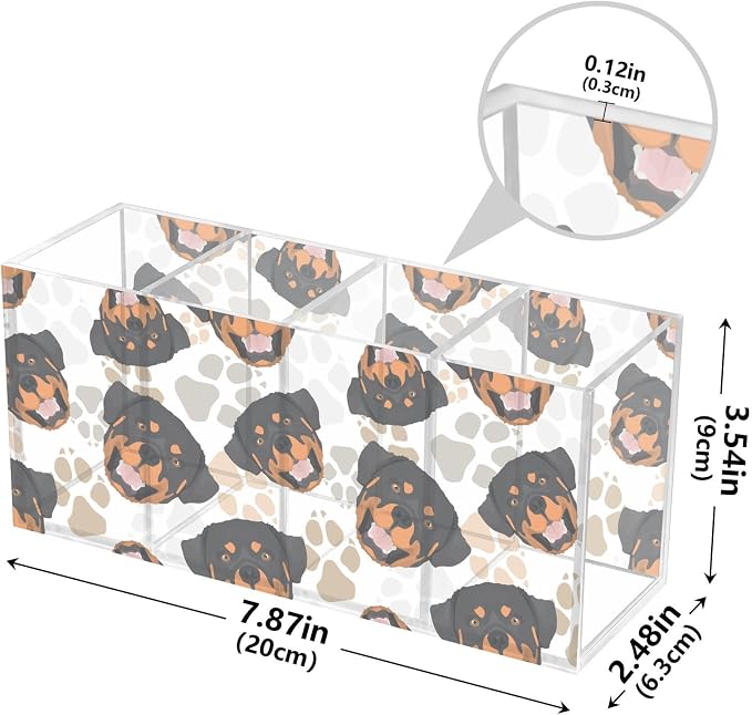 Rottweiler Dog Paw Print Acrylic Pencil Pen Holder Desk Accessories Holder, Cosmetic Brush Organizer Modern Design Desktop Stationery Organizer for Office School and Home 7.87 x 2.48 x 3.54 In