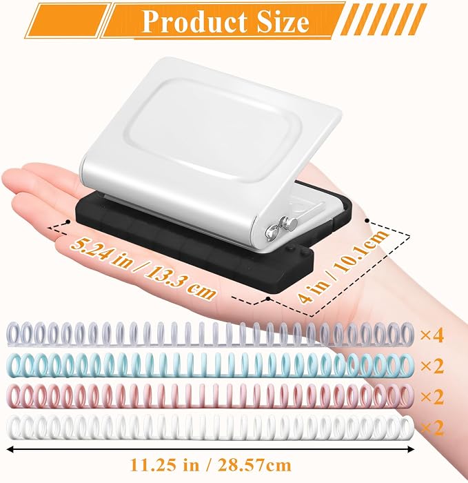 10 Hole Punch Binding Machine for Planners with 10 Multi-Color Binder Rings | 30 Holes on A4, 20 Holes on A5, 26 Holes on B5, 10 Sheet Capacity (White)