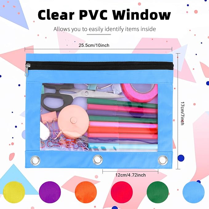 Pencil Pouch for 3 Ring Binder, 6 Pack Pencil Bags with Zipper, Large Capacity Pencil Case for Binder Assorted Color Pencil Case Pouch with Clear Window and Grommets Pencil Pocket for Office Supplies