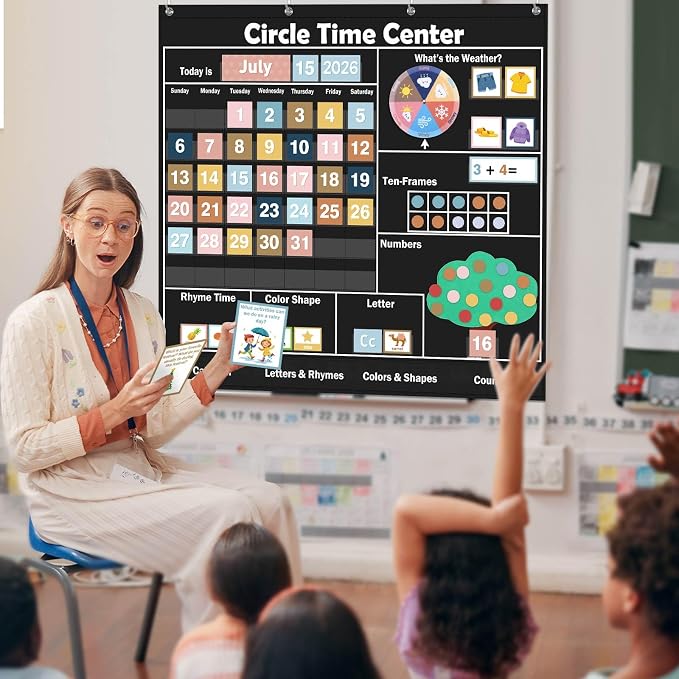 Pasimy 284 Pcs Circle Time Learning Center Classroom Pocket Chart Boho Circle Time Calendar Learning Math Calendar Weather Color Shape for Home Classroom Decoration Back to School Supplies