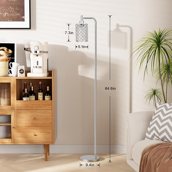 Ziisee Crystal Floor Lamp - Industrial Modern Standing Lamps with LED Bulb for Living Room Bedroom Office - Silver