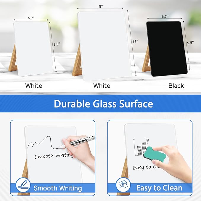 WALGLASS Desktop Glass White Board 11"x 8" with Reversible Wood Stand, Small Dry Erase Board, Portable Whiteboard for Desk, Reusable Desk Notepad with 2 Markers&Eraser for Home, Office
