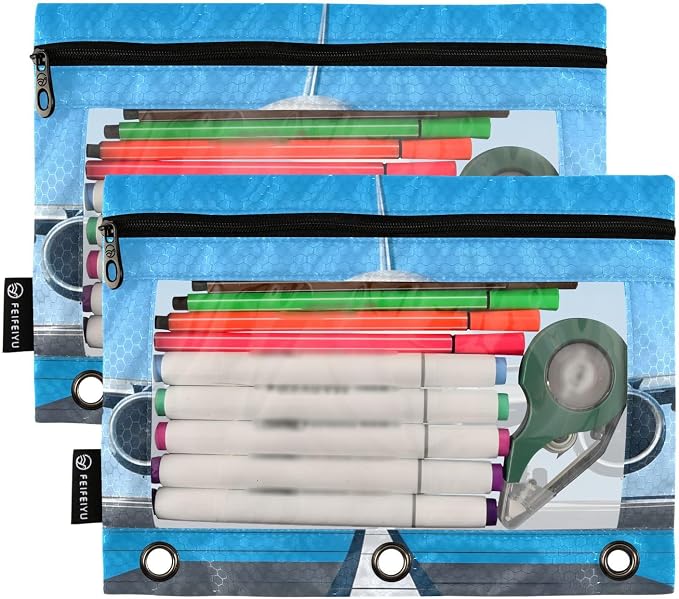 White Airplane Aircraft Pencil Pouch for 3 Ring Binder, 2 Pack Waterproof Pencil Bags Clear Window Pencil Case Zipper School Office Supplies