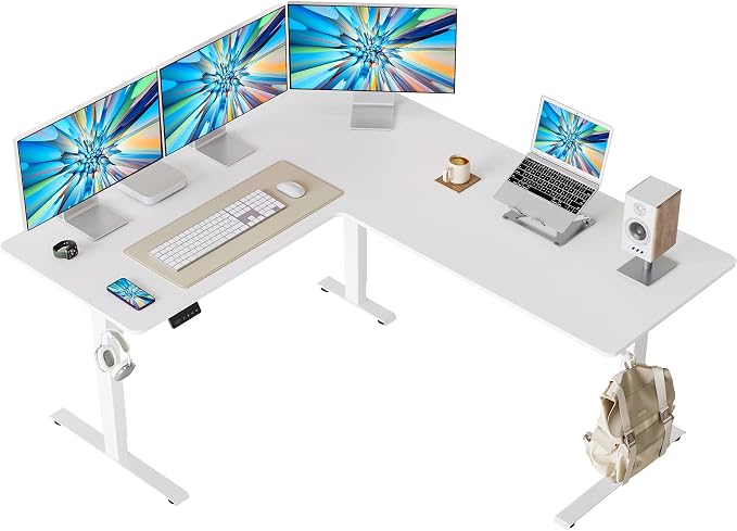 Cubiker L Shaped Standing Desk - 63 x 55 Inch Electric Adjustable Height Corner Standing Desk, Ergonomic Sit Stand Up Table with 3 Memory Buttons, Splice Board for Home Office, White