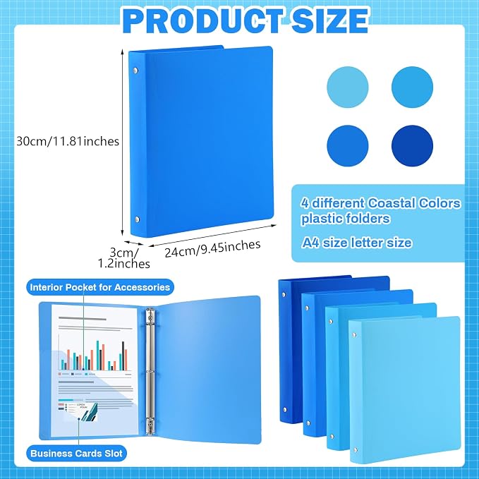 CHENGU 12 Pack Plastic 3 Ring Binders 1 Inch with Pocket | Flexible Soft Binder, Blue Binder, Holds 200 Sheets, Round Ring, School Office Meeting Supplies