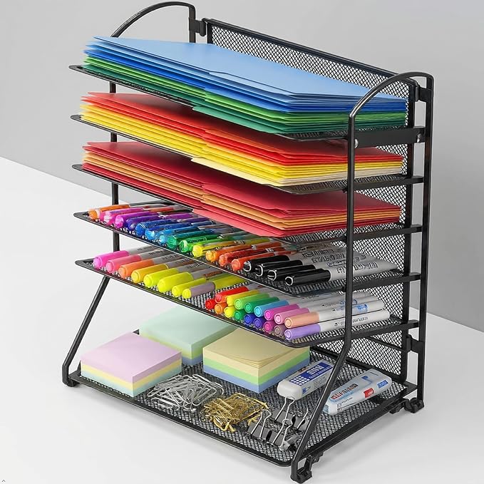 Simple Houseware 6-Tier Desk Organizer & Sliding Paper Tray, Black | Space-Saving Desktop Letter Tray for Document, Files and Mail Sorting