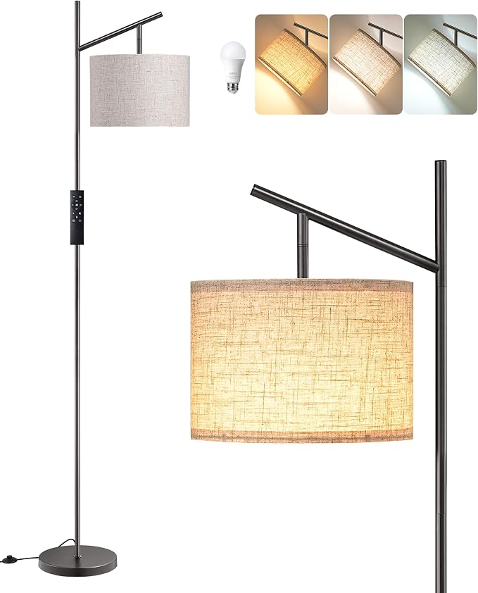 EDISHINE 64.7IN Floor Lamp for Living Room with Remote, Black Standing Lamp | Bulb Included, Dimmable & 5CCT, Foot Switch, Adjustable Lamphead, Minimalist for Bedroom, Living Room