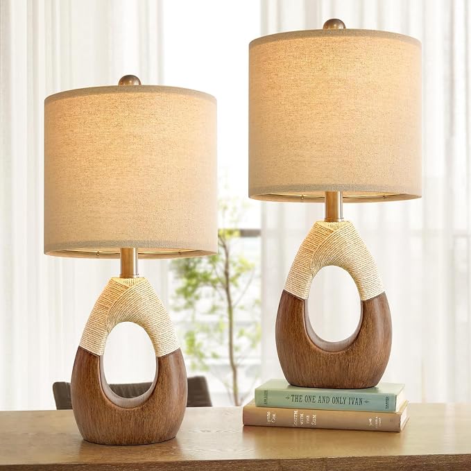 Boho Table Lamps Bedroom Living Room Set 2,Suitable for Small Space,Farmhouse RattanTable Lamp 19”Rustic Egg Design Resin Light Decoration,Nightstand Bedside Lamps for Office Study Rest