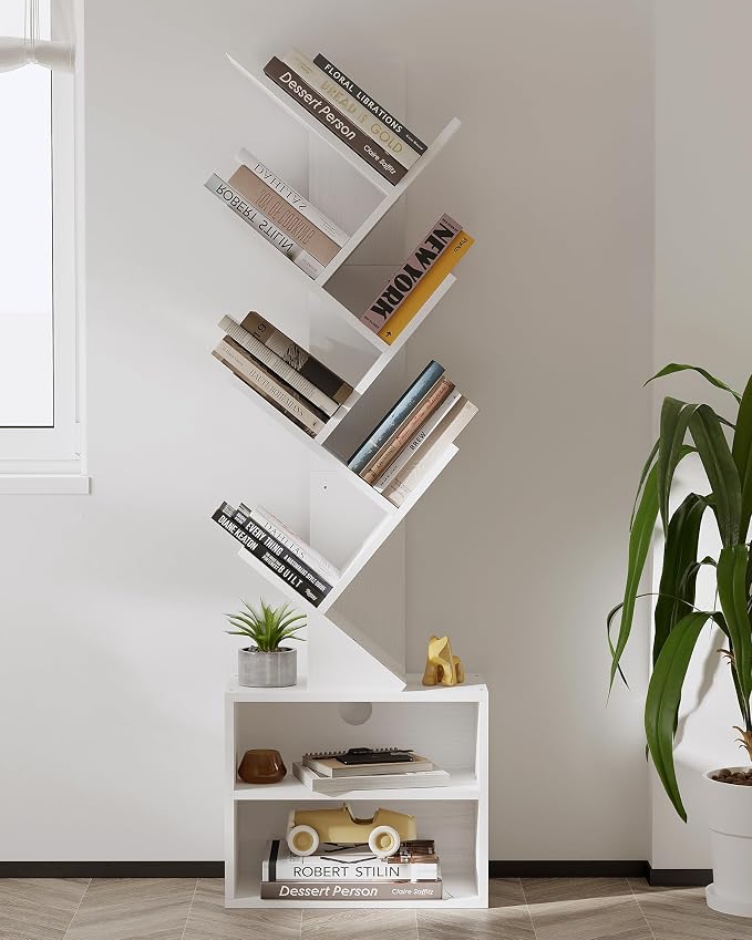 SUNMORY 6 Tier Tree Bookshelf, Tall Small Bookcase with Storage Cabinet | Modern Narrow Bookshelves Organizer, Floor Standing Book Case Shelf for Bedroom Living Room Home Office Corner, White