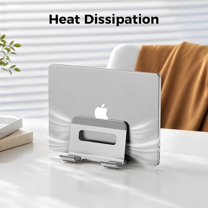 Aluminum Vertical Laptop Stand for Desk, Auto-Locking Adjustable Dock Holder with Dual Slots for Tablet & Phone, Space-Saving Upright Organizer Fits MacBook Pro/Air, Dell, HP, Chromebook (Silver)