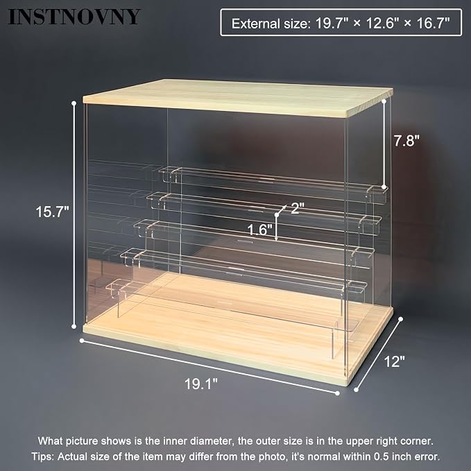 Clear Acrylic Display Case with Light 6 Tier Display Storage Box Assembly Dustproof Showcase for Collectibles Action Figures(Wood, 19.1*12.0*15.7inch)