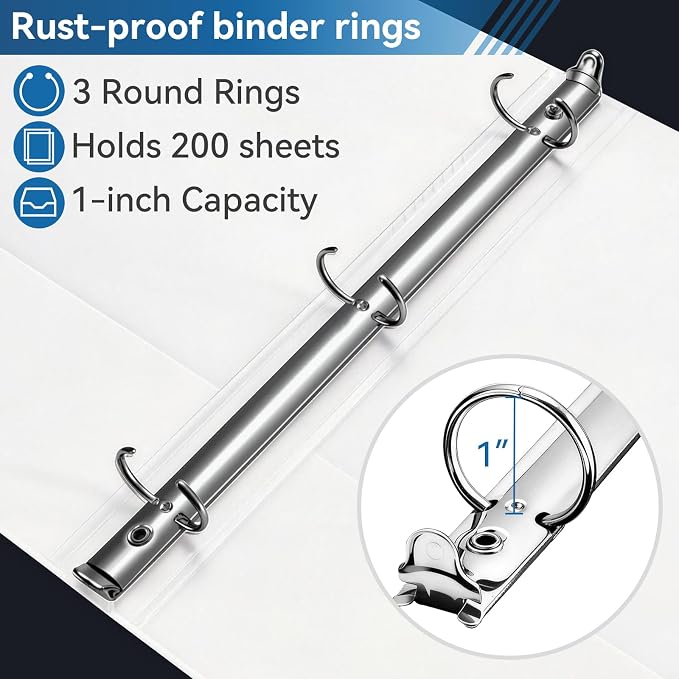 SUIN 1-inch 3 Ring Binder with 2 Pockets, Clear Customizable View Binders for US Letter Size 8.5'' x 11'', PVC Free, 1'' Binder for Office, Home, and School, White, 6 Pack