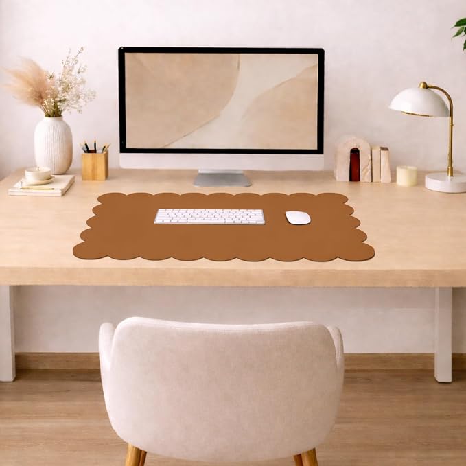 Orelle Scalloped Desk Mat | Vegan Leather Desk Mat for Keyboard and Mouse, Laptop, Makeup Vanity | Computer Desk Pad Mat | Office Desk Cover Mat | Desk Blotter Mat | 30 x 15” | Brown