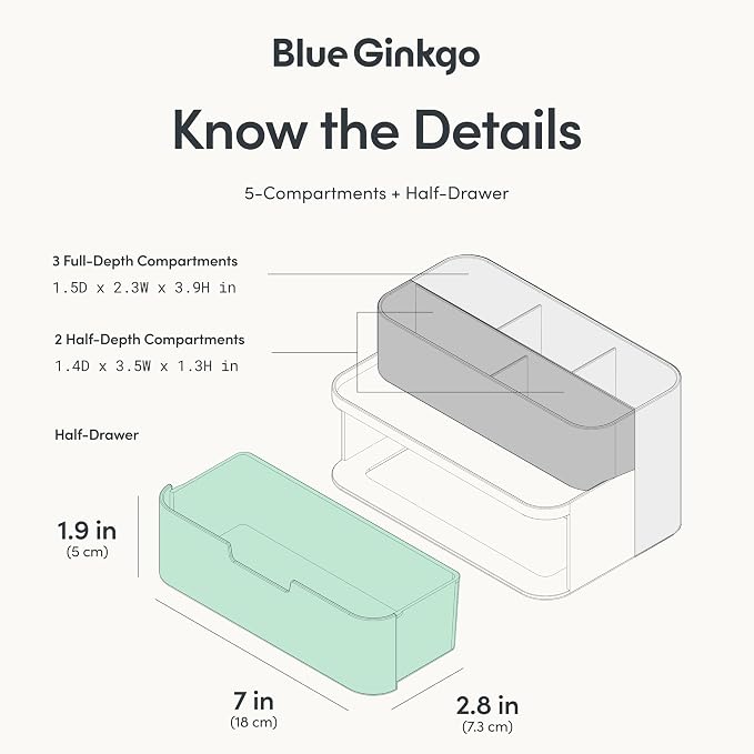 BLUE GINKGO Compact Desk Organizer, Transperent, Made in Korea | 5 Compartments. Half Drawer. Space-Saving.