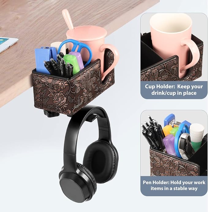 Under Desk Cup Holder Clamp on Cup Holder PU Leather Clip on Desk Organizer | Desk organizer with pencil holder clamp on side, under desk hanging organizer, clip on cup holder desk phone stand holder PU