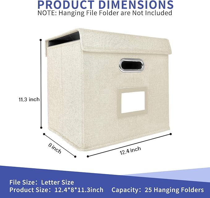 6 Pack Hanging File Folder Box with Lid, Durable Letter Size Filing Storage Box, Sturdy File Holder with Cardboard Support PVC Rails for Office Home Organizer, Beige