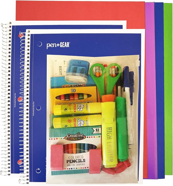 Moda West 12 Pack Bulk School Supplies 52 Piece Kit- Pens, Pencils, Crayons, and More - Essential Box of School Supplies for Elementary, Middle, and High School Students