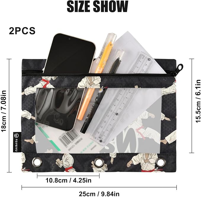 Custom Karate Black Pencil Pouch for 3 Ring Binder, 2 Pack Personalized Name Waterproof Pencil Bags Clear Window Pencil Case School Office Supplies