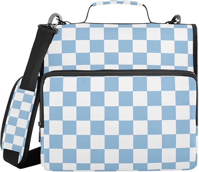 Light Blue White Checkered 3 Ring Zipper Binder with Handle 1.5 inch Binder Organizer, Multi Pockets Office File Folder with Shoulder Strap 500 Sheet Capacity
