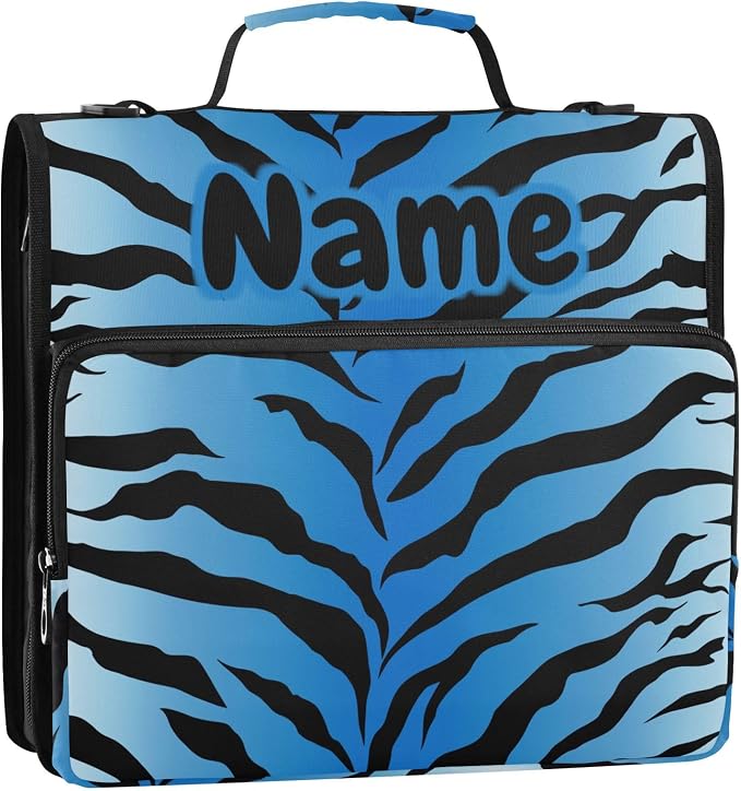 Custom Tiger Zebra Print Blue Black 3 Ring Binder Bag 1.5 inch Personalized Name Binder Organizer 500 Sheet Documents Storage for School Office