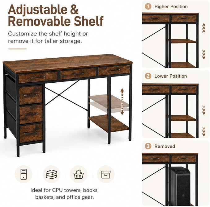 Simple Deluxe Computer Desk with 6 Drawers, 55 Inch Office Workstation with Storage Shelves, Reversible Corner Gaming Table, Home Office Study Desk with Fabric Organizer, Rustic Brown